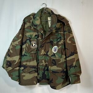 Vintage Military Woodland Camo Jacket M65 Style Patches Airborne Wings M Cold Ct